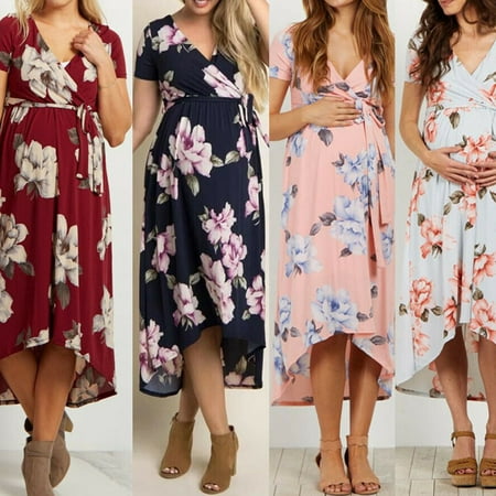 Pregnant Maternity Gown Photography Floral Clothes Women Short Sleeve Long Maxi Dress Wine Red Size