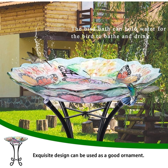 Glass Bird Bath Outdoor with Metal Stand for Lawn Yard Garden Decor Butterfly Bird Feeder