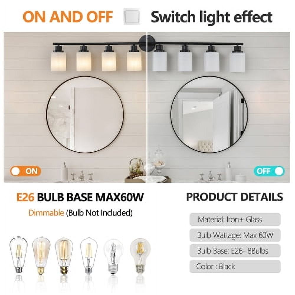 ACE-LIGHTS,Modern 8-Lights Vanity Bathroom Mirror Light with Frosted White Glass(Bulbs Not Included),Contemporary Wall Sconce for Bathroom,Dressing Room,Bedroom,Living Room(Black)
