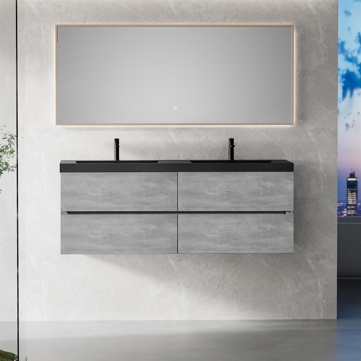 Demi Bonn 59" Floating Bathroom Vanity with Sink, Double Black Quartz Sand Top Basin and 4 Soft Close Drawers, Faucets and Drains Not Included, Gray