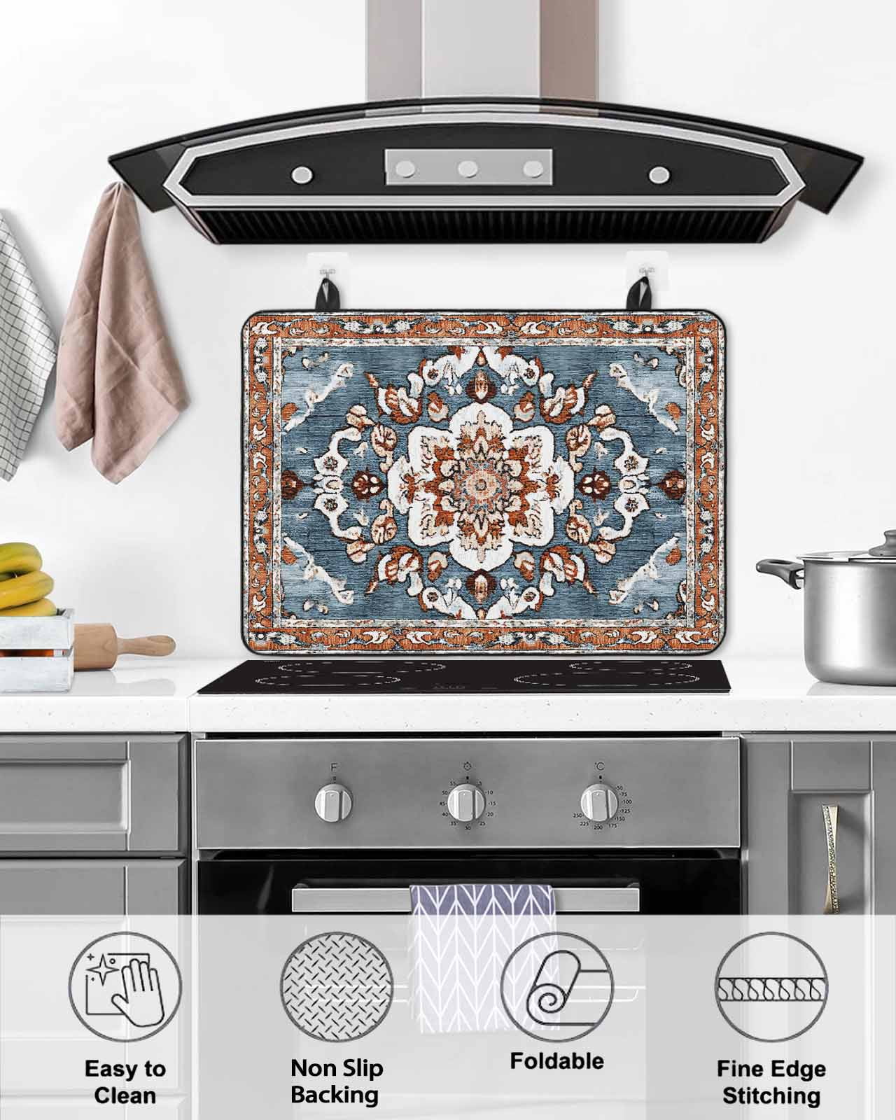 nqOlkjepod Large Induction Cooktop Protector Mat 36"x21", Blue Bohemian Stove Top Covers for Electric Stove, Retro Pattern Oriental Farmhouse Ethnic Stove Burner Cover Mats, Glass Top Stove Cover