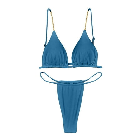 JIANJIA Womens Swimsuits Solid Color Sexy Spaghetti Strap Brassiere With Thongs Fashion Casual Swimsuit Two Piece Bikinis Swimwears Bathing Suits Blue S