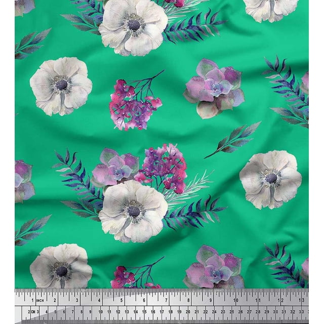 Soimoi polyester Crepe Fabric Leaves,Succulent & Anemone Flower Decor Fabric Printed Yard 52 Inch Wide