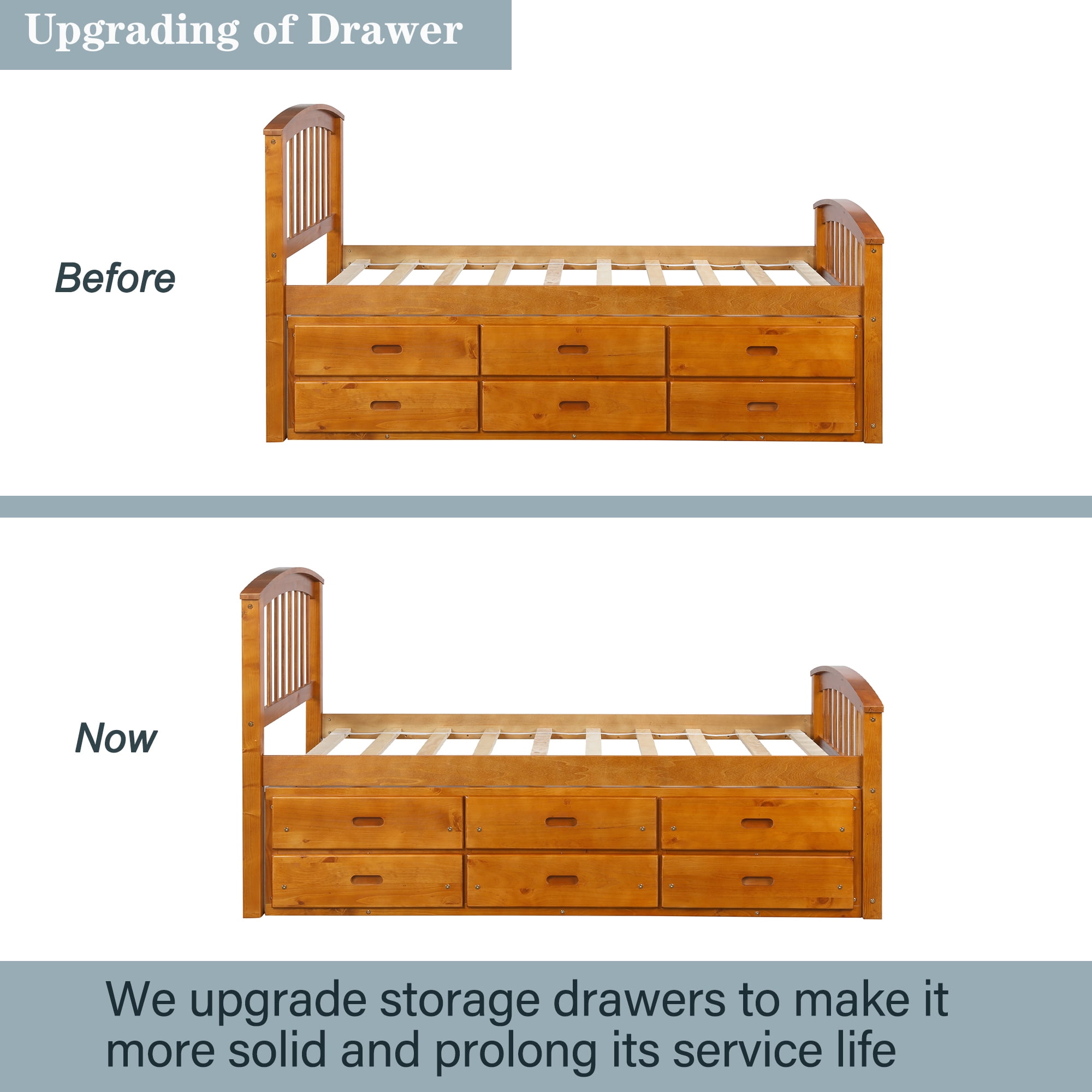 Aukfa 6 Drawers Platform Storage Bed, Solid Wood Captain Bed, Twin Size - Oak