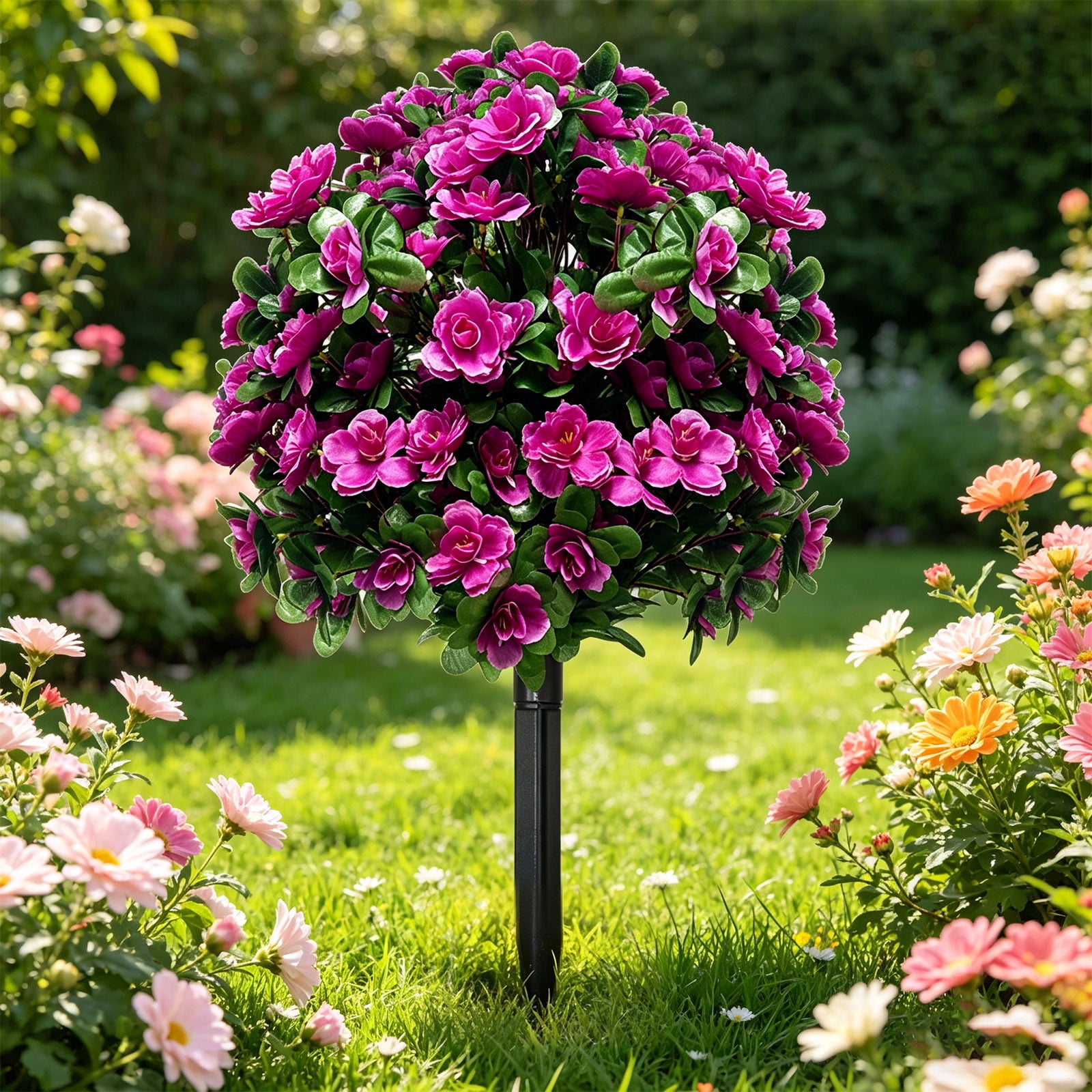 Outdoor Artificial Rhododendron Tree - Purple Fabric Flowers, Leaves, Metal Ground Stake, Scene Arrangement, Flower Tree, Weather-Resistant, for Garden, Yard, Patio, Outdoor Decoration, to Maintain