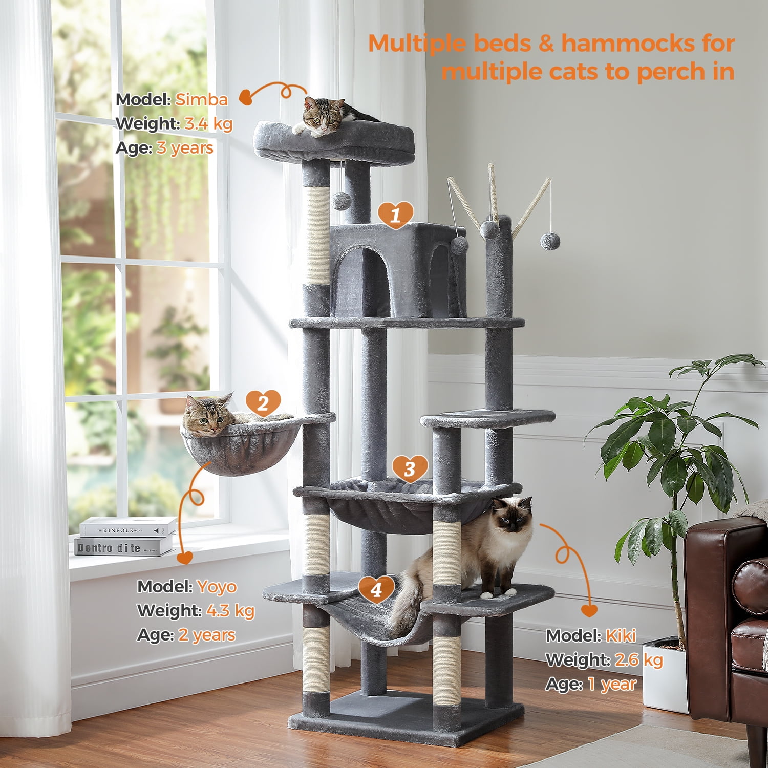 Pefilos 69" Cat Tree Tower for Indoor Large Cats, Fat Cats with Big Hammock, Cat Climbing Tree with Scratching Posts, Condo House and Top Perch, Dark Gray