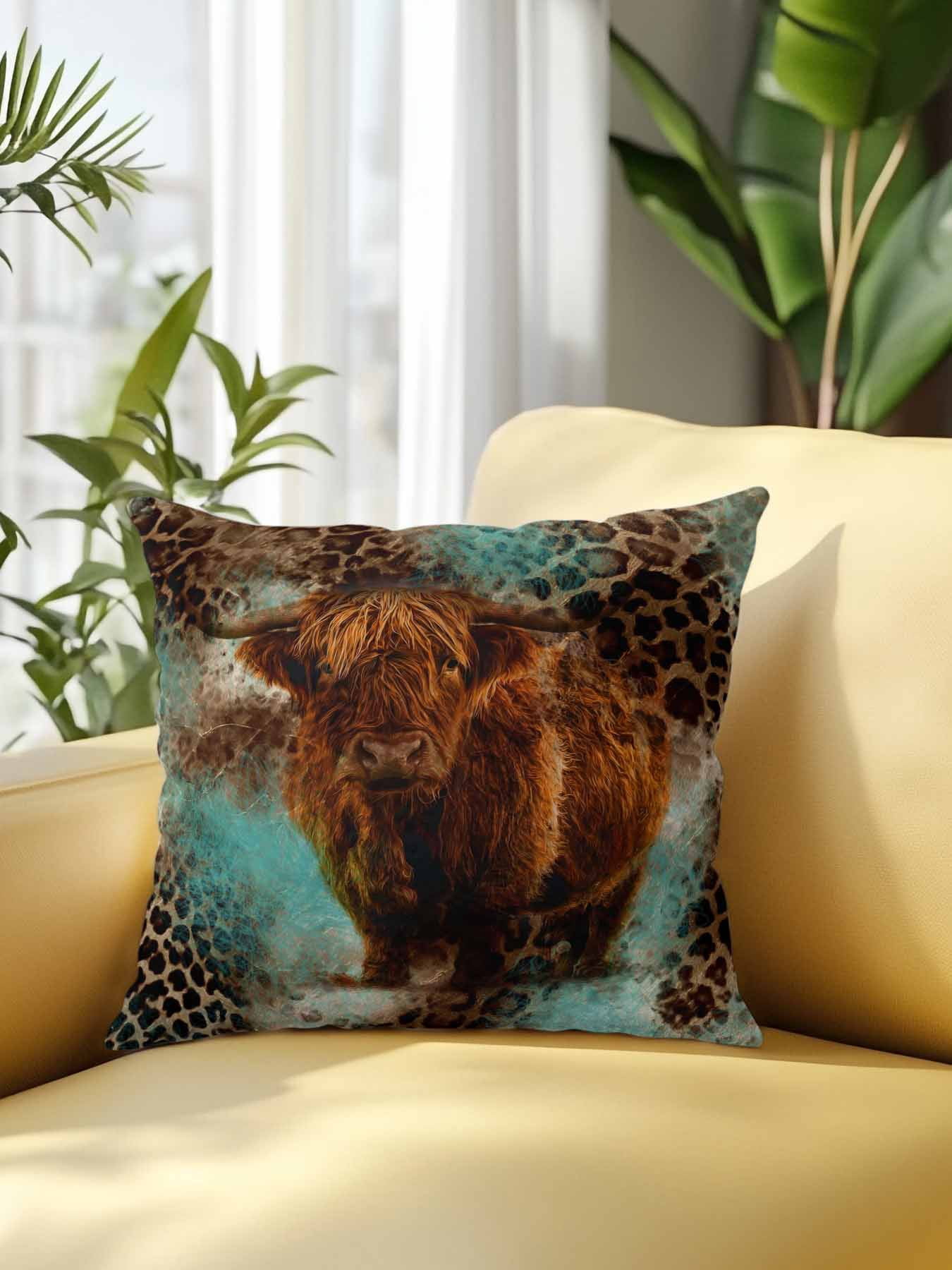 1 Pack Outdoor Throw Pillow, Teal Cow Leopard Waterproof Pillow with Insert Included, Aesthetic Vintage Animals Farmhouse Decorative Accent Cushion Sofa Pillows for Patio Porch, 16 x 16 In
