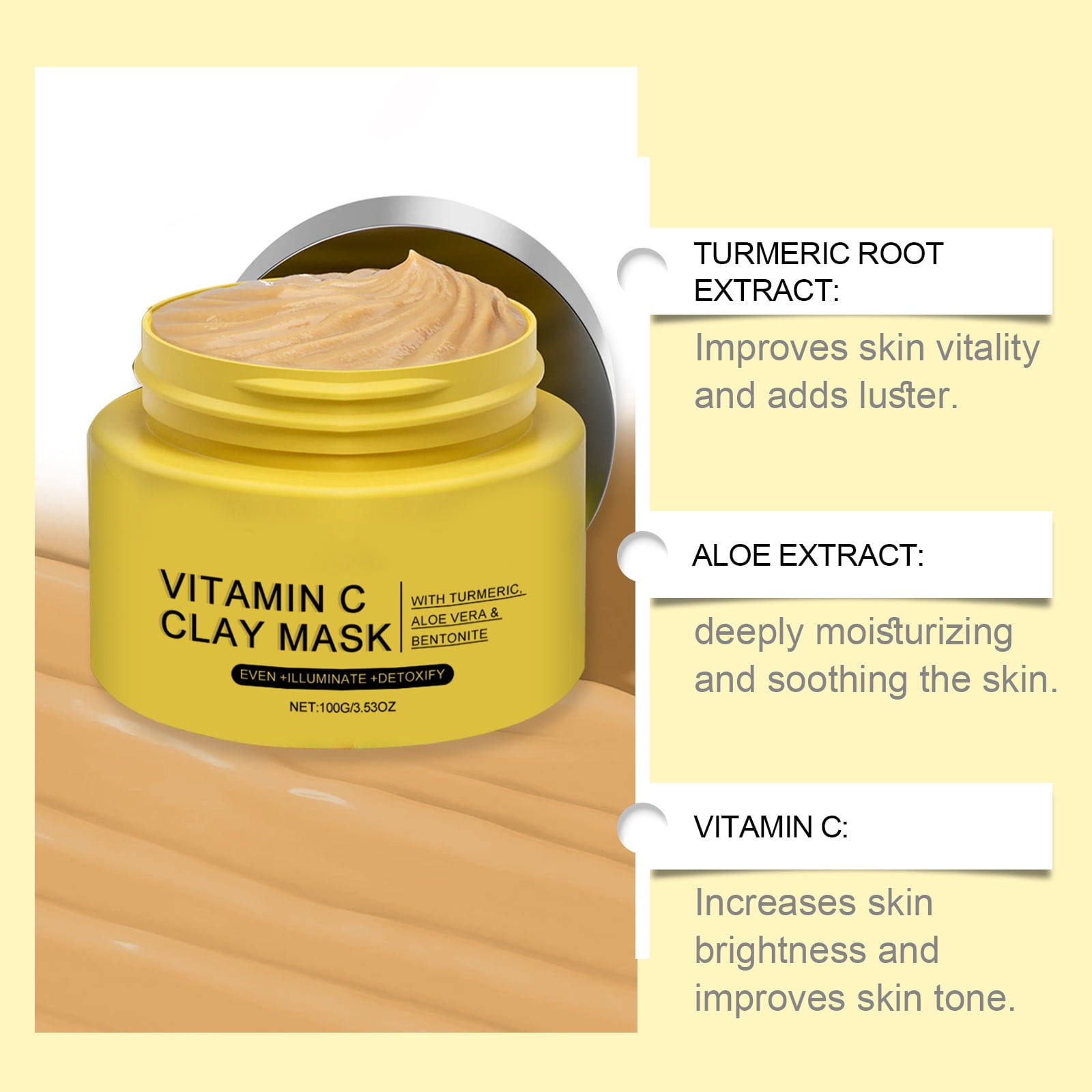 Alvantor Clay Mask for Face, Turmeric Vitamin C Cleansing Mask with Brush, 3.53oz