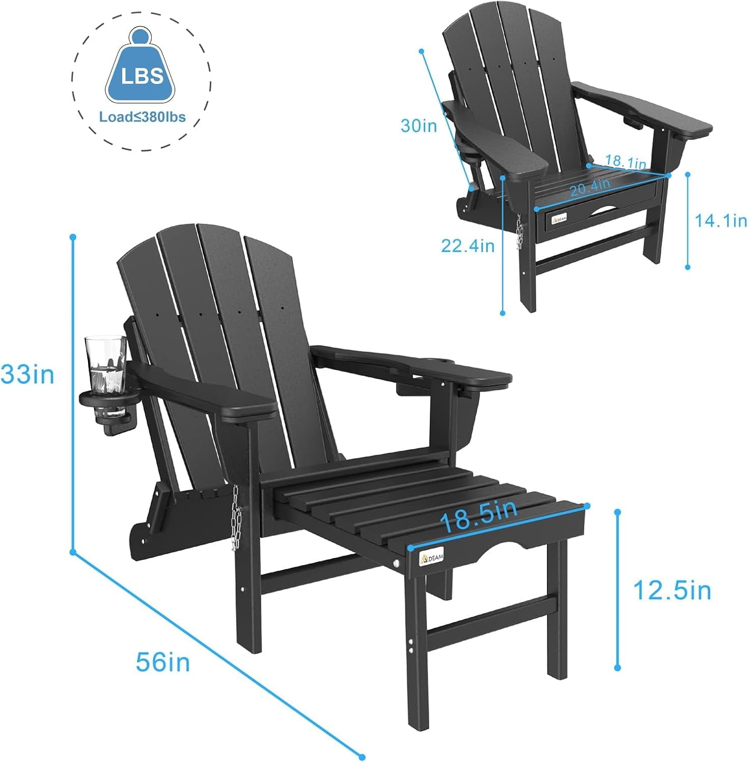 Erinnyees 3-Level Adjustable Adirondack Chair with Retractable Ottoman, HDPE All-Weather Folding Fire Pit Chair with 2 Cup Holders, Outdoor Chair for Deck Patio Garden Backyard Lawn