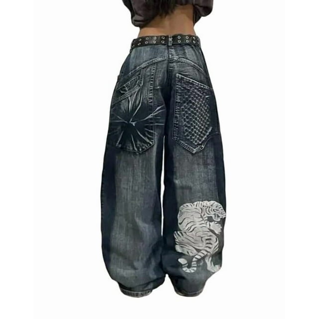 Pantalones vaqueros unisex estilo hip-hop gótico urbano de talle alto y corte holgado con diseños rasgados y bordados for hombre y mujer