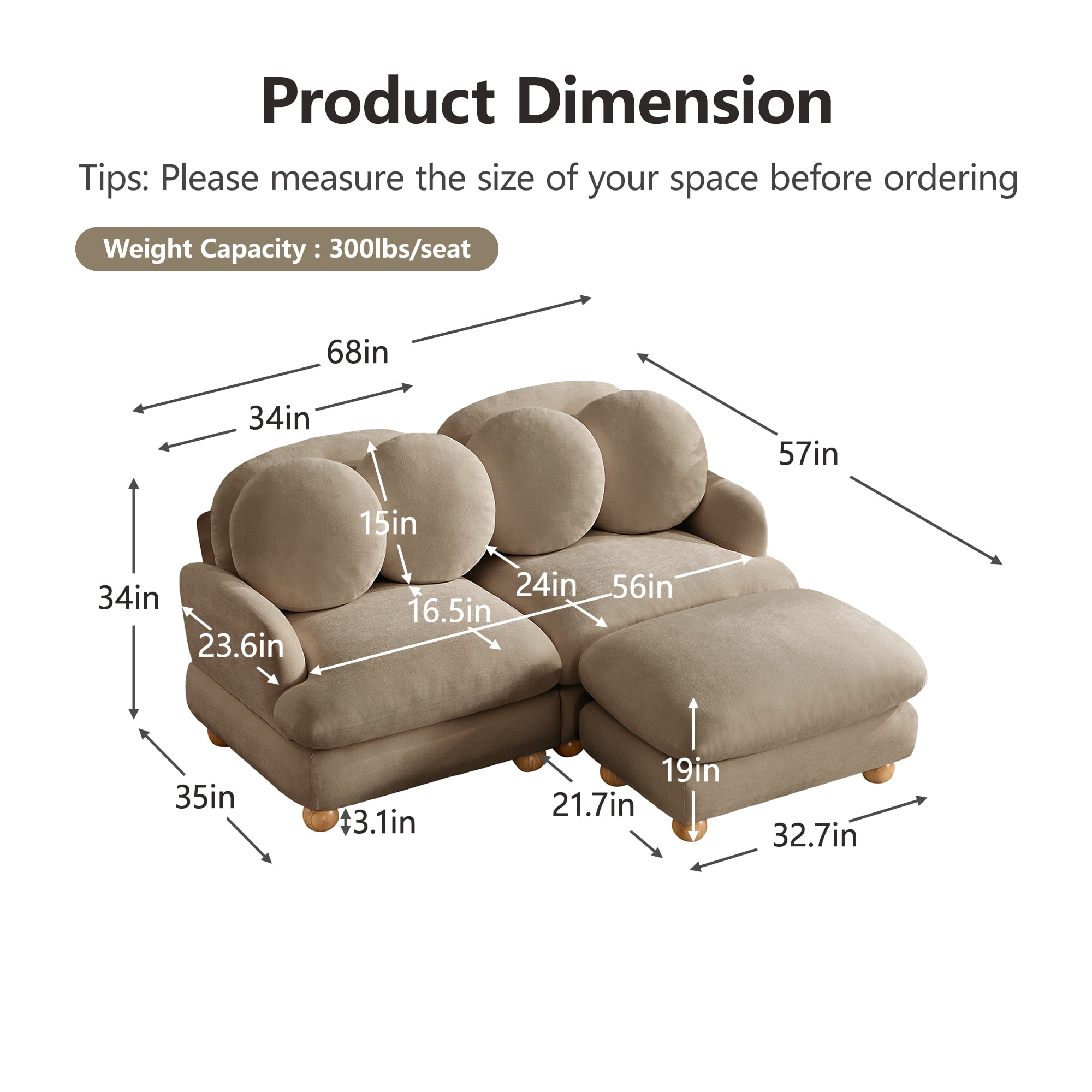 68" 3 Seater Chenille Loveseat Modular Sectional Sofa Couch with 4 Throw Pillows and Ottoman