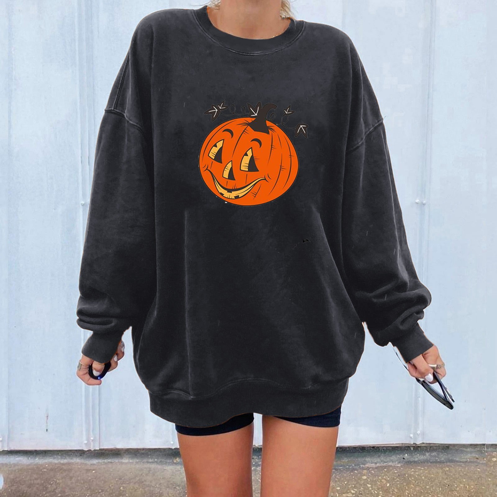 Womens Halloween Blouse Casual Print Shirts O-Neck Long Sleeve Top Loose T-Shirt Pullover Hink 