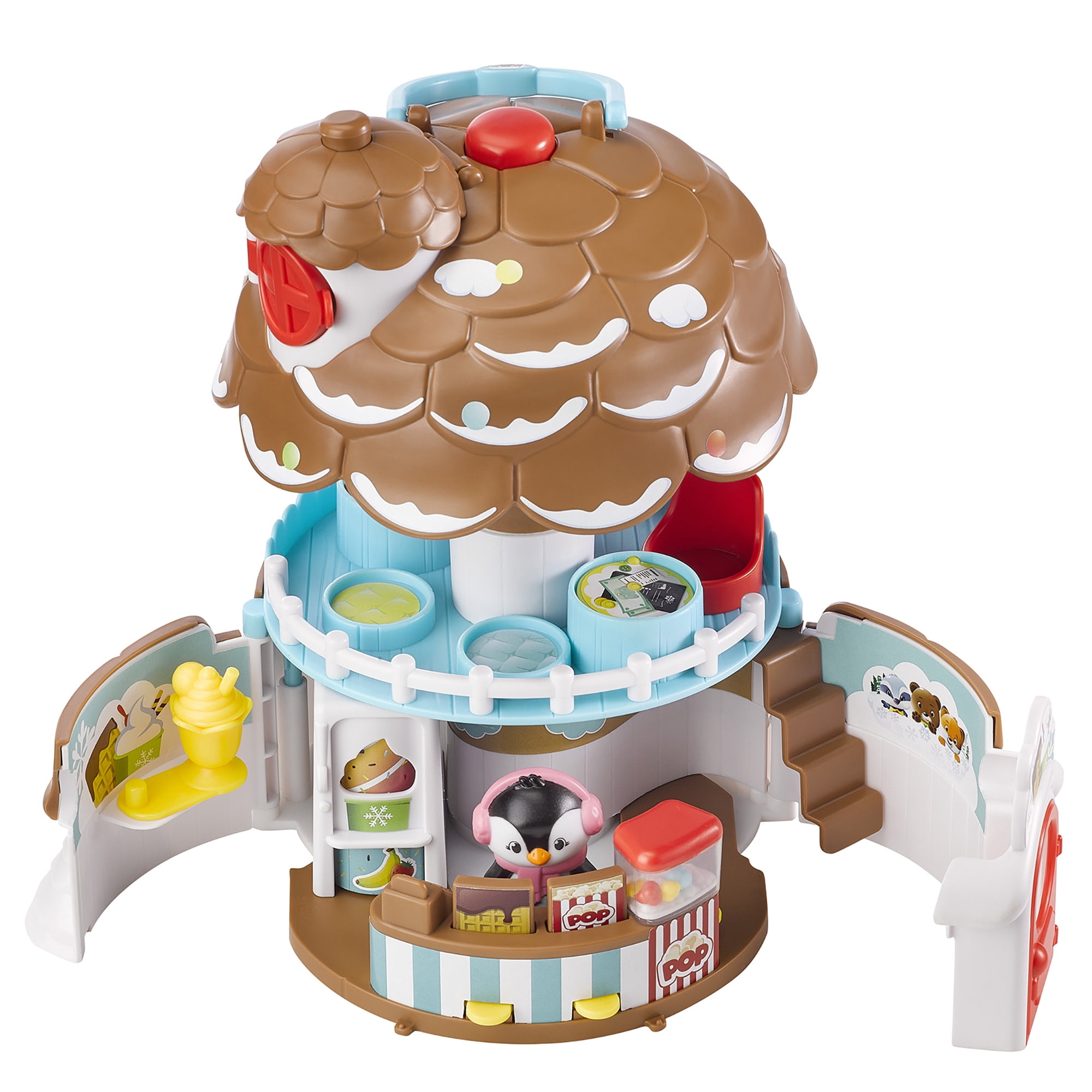 Timber Tots: The Pine Cone Snack Bar - 5pc Dessert Toy Playset, Penguin Animal Figurine, Open & Reveal Treats Shop, Pop-Up Feature, Kids-Toddler 18Mo+