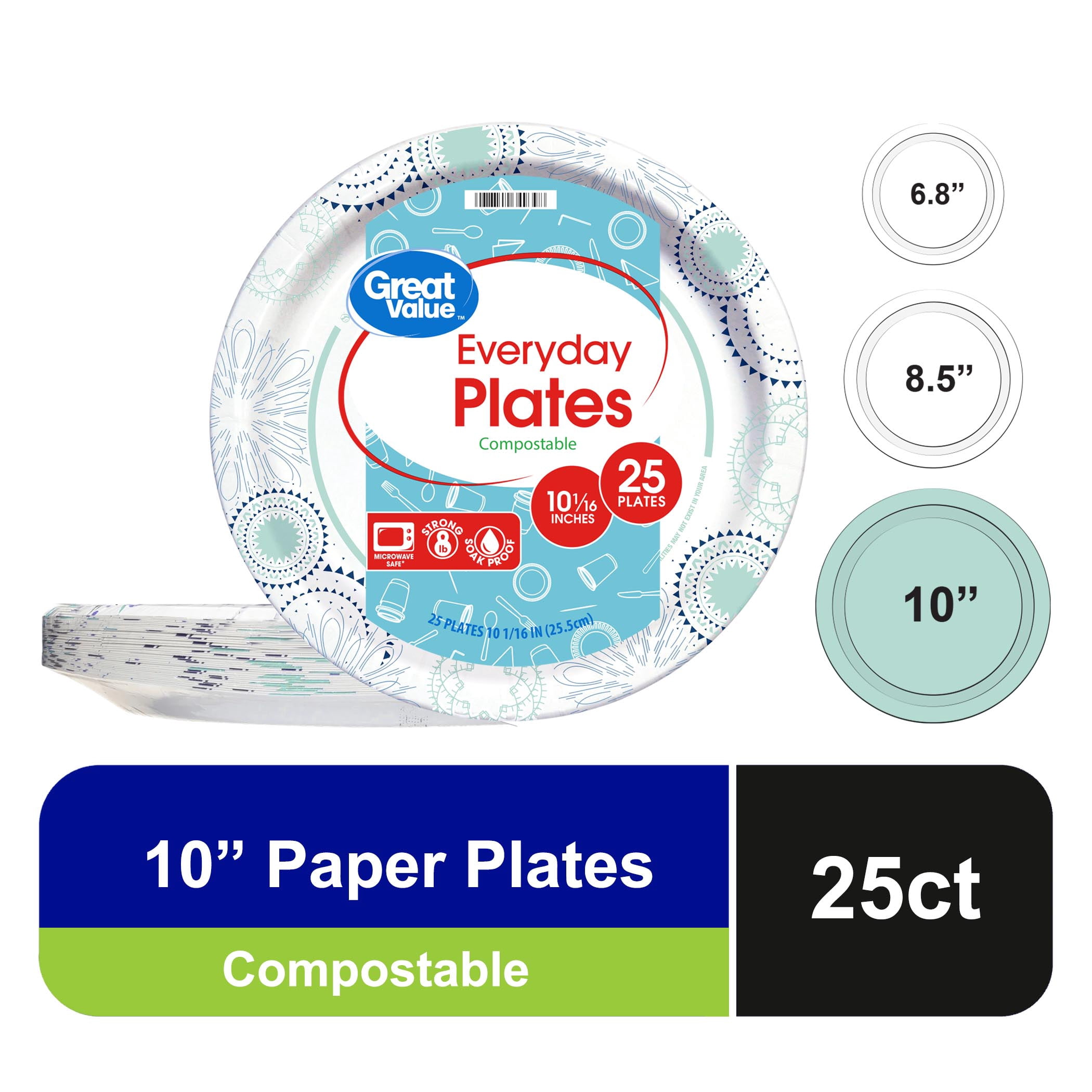(12 pack) Great Value Disposable Patterned Paper Plates, 10 inch, 25 Count