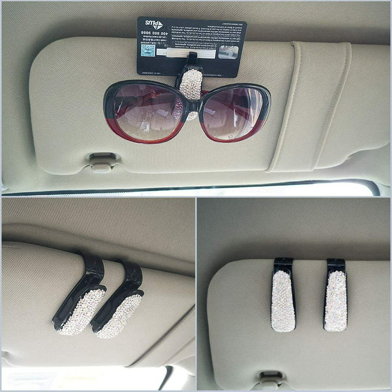Sunglass Holder for Car Sun Visor, 2 Pack Glasses Holder Clip Hanger  Eyeglasses Mount for Car with Bling Rhinestones Crystal Ticket Card Clip 