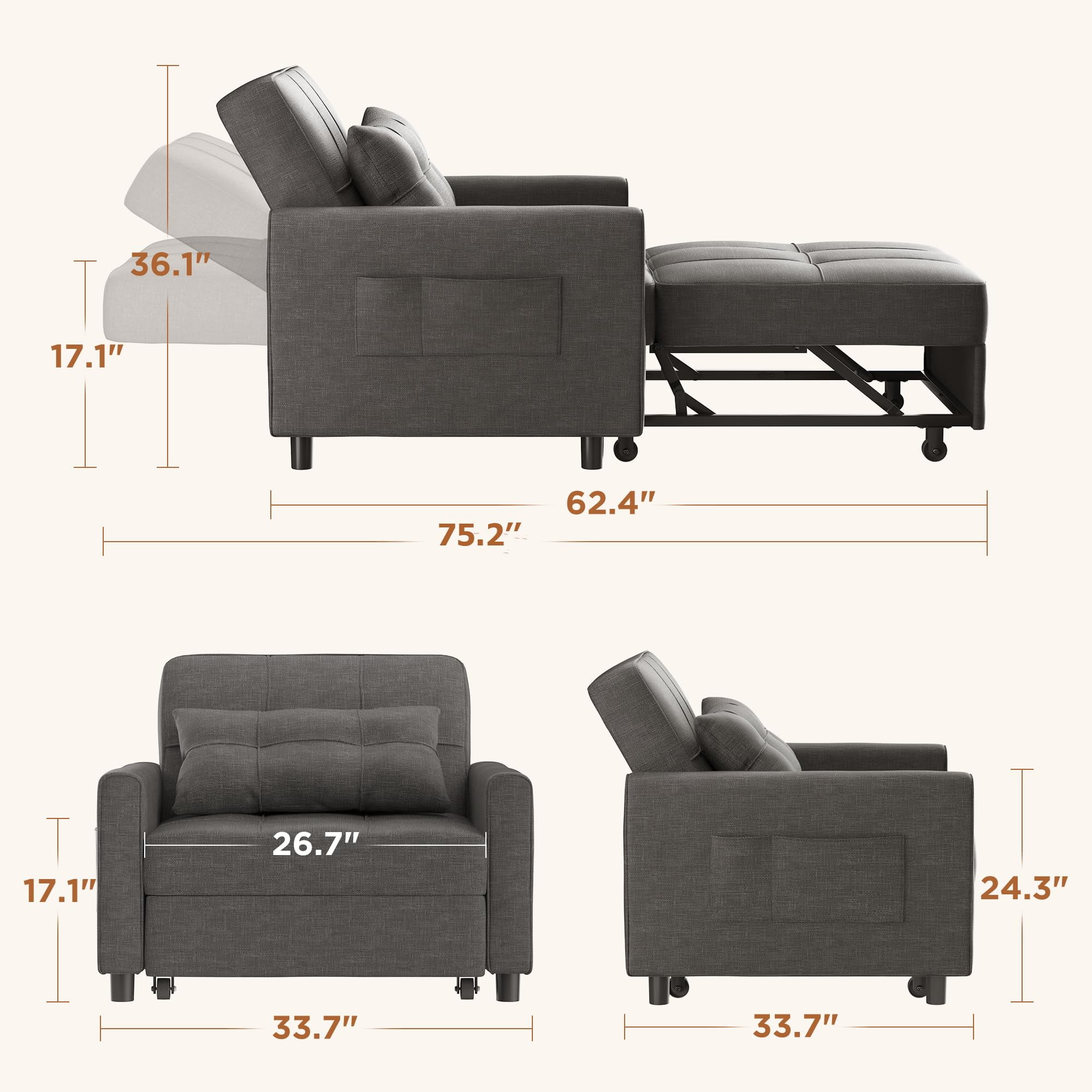 Couch Bed, Lofka Convertible Sofa and Couch Bed with Adjustable Backrest, Dark Gray Recliner