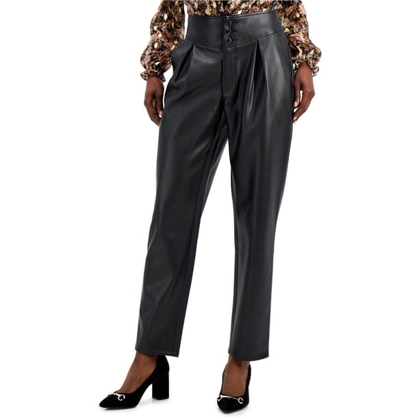 INC Pantalones casuales de piel sintética para mujer, negro, 8 regular
