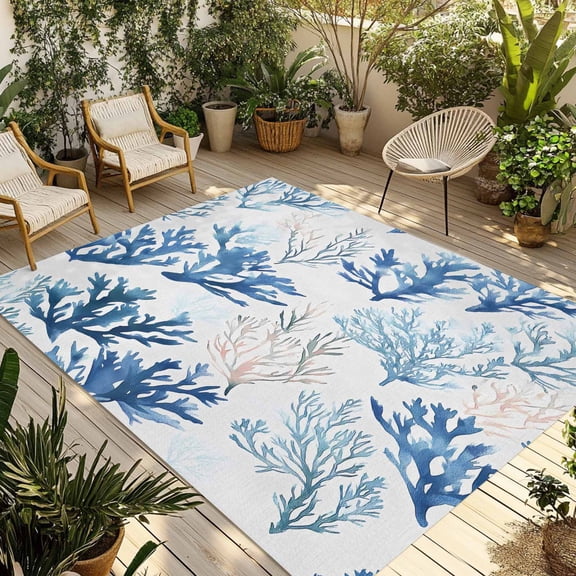 Fsddascl Blue Coral Coastal Outdoor Rug for Patio/Deck/Porch, Non-Slip Large Area Rug 5 x 8 Ft, Summer Watercolor Ocean Indoor Outdoor Rugs Washable Area Rugs, Reversible Camping Rug Carpet Runner