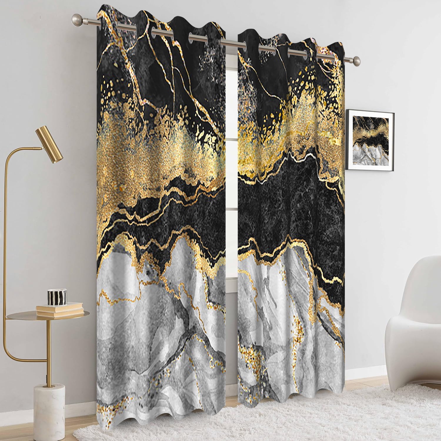 2 Panels Black Gold Gray Marble Blackout Curtain for Bedroom,Modern Abstract Grommet Drapes for Living Room,52x84 Inch