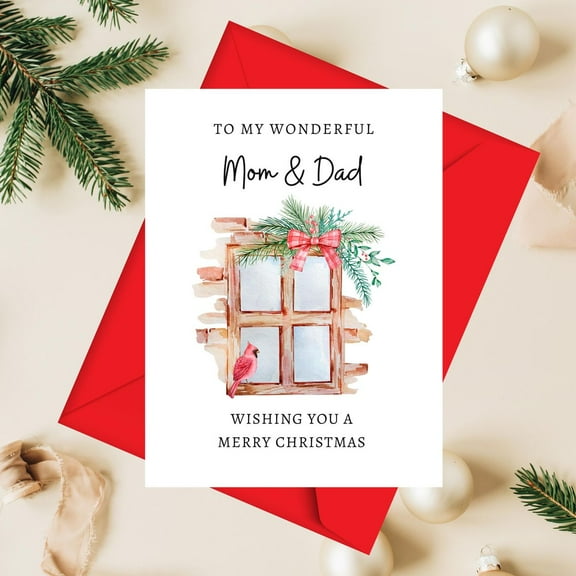 Christmas Card for Mom & Dad – "Wishing You a Merry Christmas" with Beautiful Window Art – Includes Red Envelope – Perfect Holiday Greeting for Parents