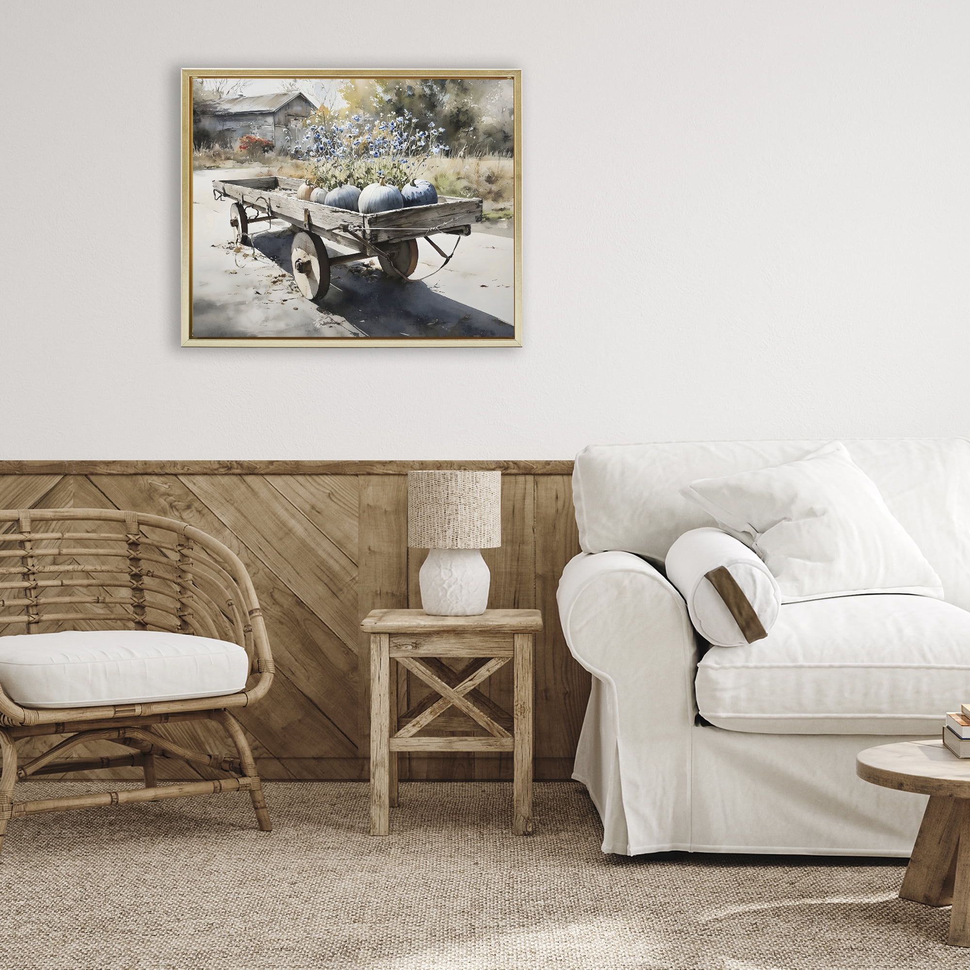Stupell Industries Blue Pumpkin Wagon in Sunlight Gold Framed Floater Canvas Wall Art, design by Franklyn Gregory