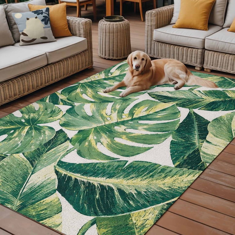 Monstera Leaf Outdoor Rug, Green Palm Frond Banana Leaf Tropical