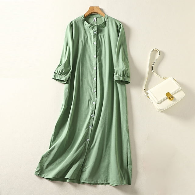 FcBaudy Longues Robe à Manches à Col Rond Robe Ample pour Femme Robe à Manches 3/4 à Boutons Col Rond Robe Longue Robe Femme Robe