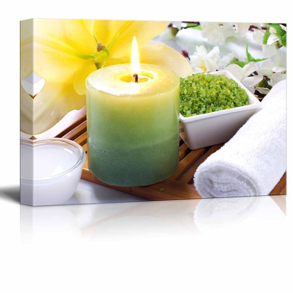 Spa Still Life Aromatherapy with Candles Sea Salt and Flowers - Canvas Art Wall Decor - 12" x 18"