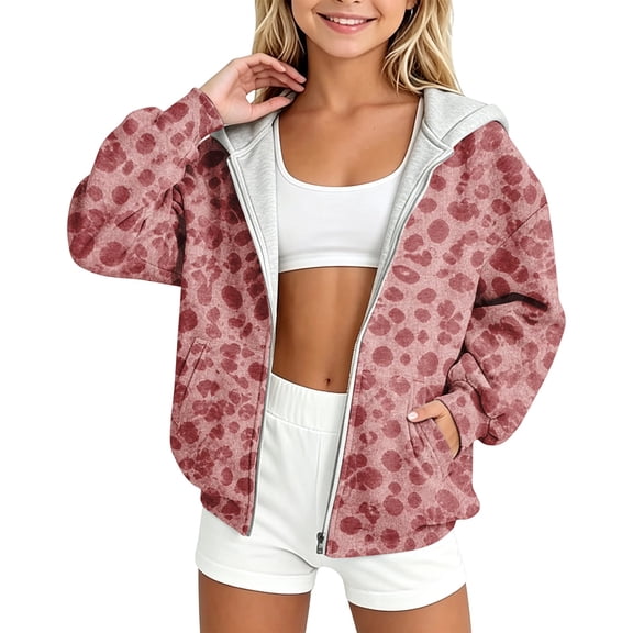 Kids Zip Up Long Sleeve Hoodie Girls Leopard Full Zipper Hooded Sweatshirt Lightweight Jacket