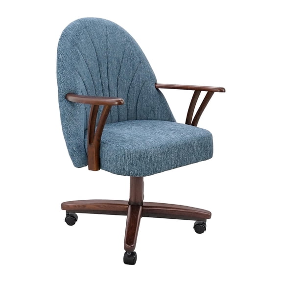 Chromcraft Swivel-Tilt Dining Chairs on Casters, Walnut Solid Wood Accents, Pedestal Base, Pippin River Upholstery, set of 1