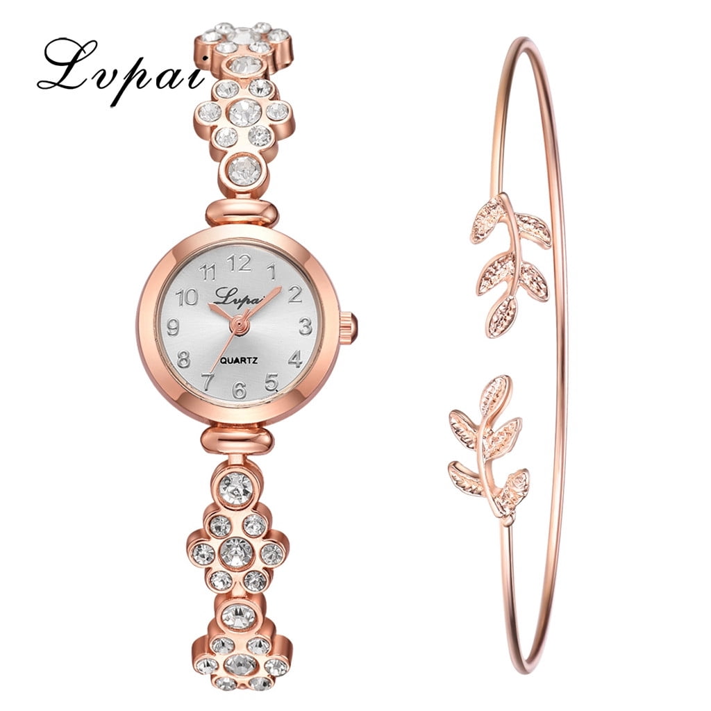 Gobestart 2pcs/Set Luxury Fashion Diamond Steel Watch Temperament Leaves Bracelet