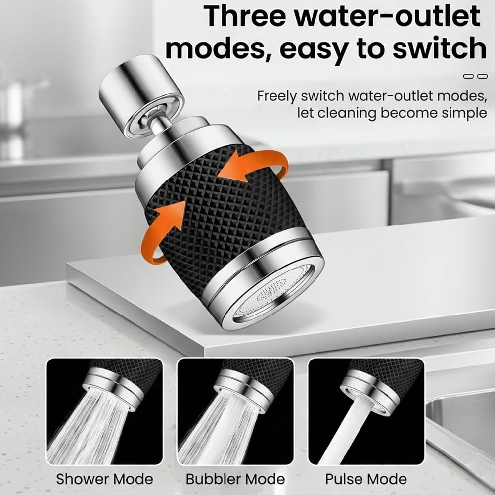 Splash Proof Booster Swivel Kitchen Filter Tap, 360° Degree Faucet Aerator with 3 Water Flow Modes, Universal Adapter Included, Easy Installation, Suitable