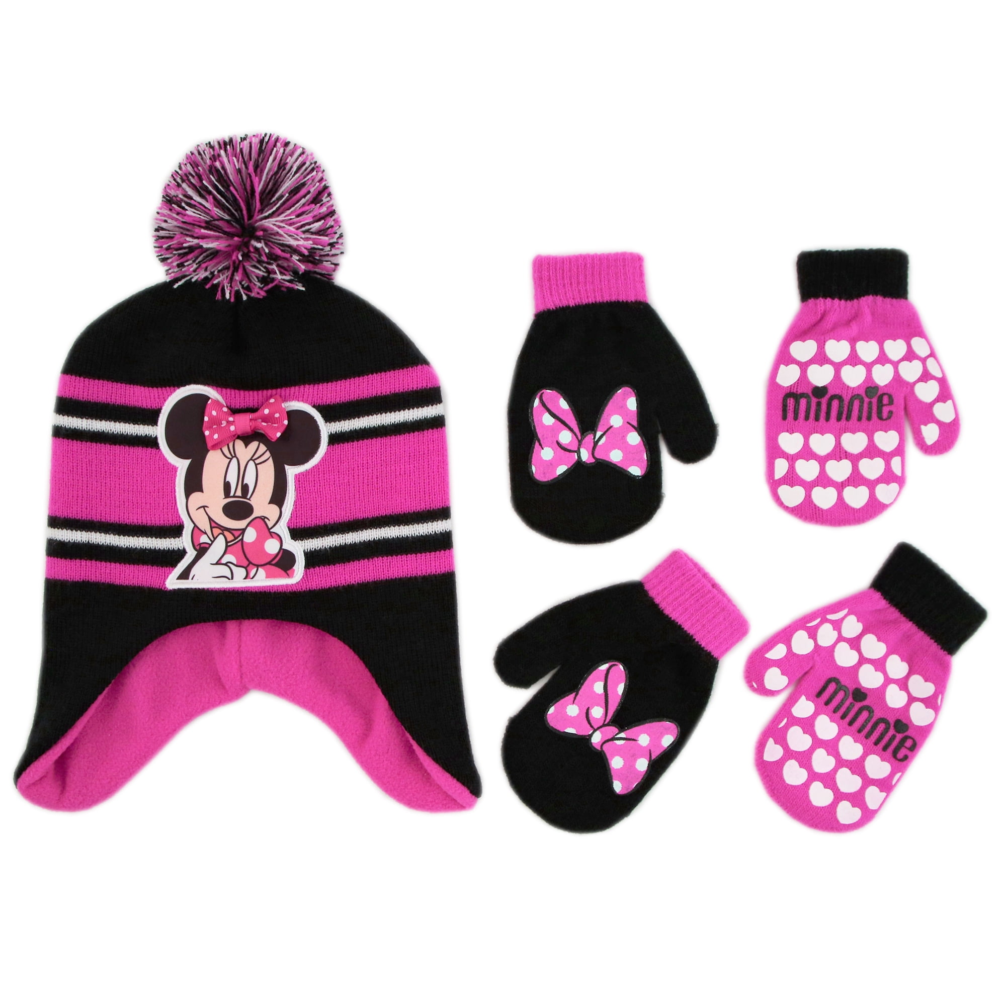Disney Minnie Mouse Girls Warm Winter Knitted Beanie Style Hat with Pompom or Winter Gloves Set 2-8 Years 