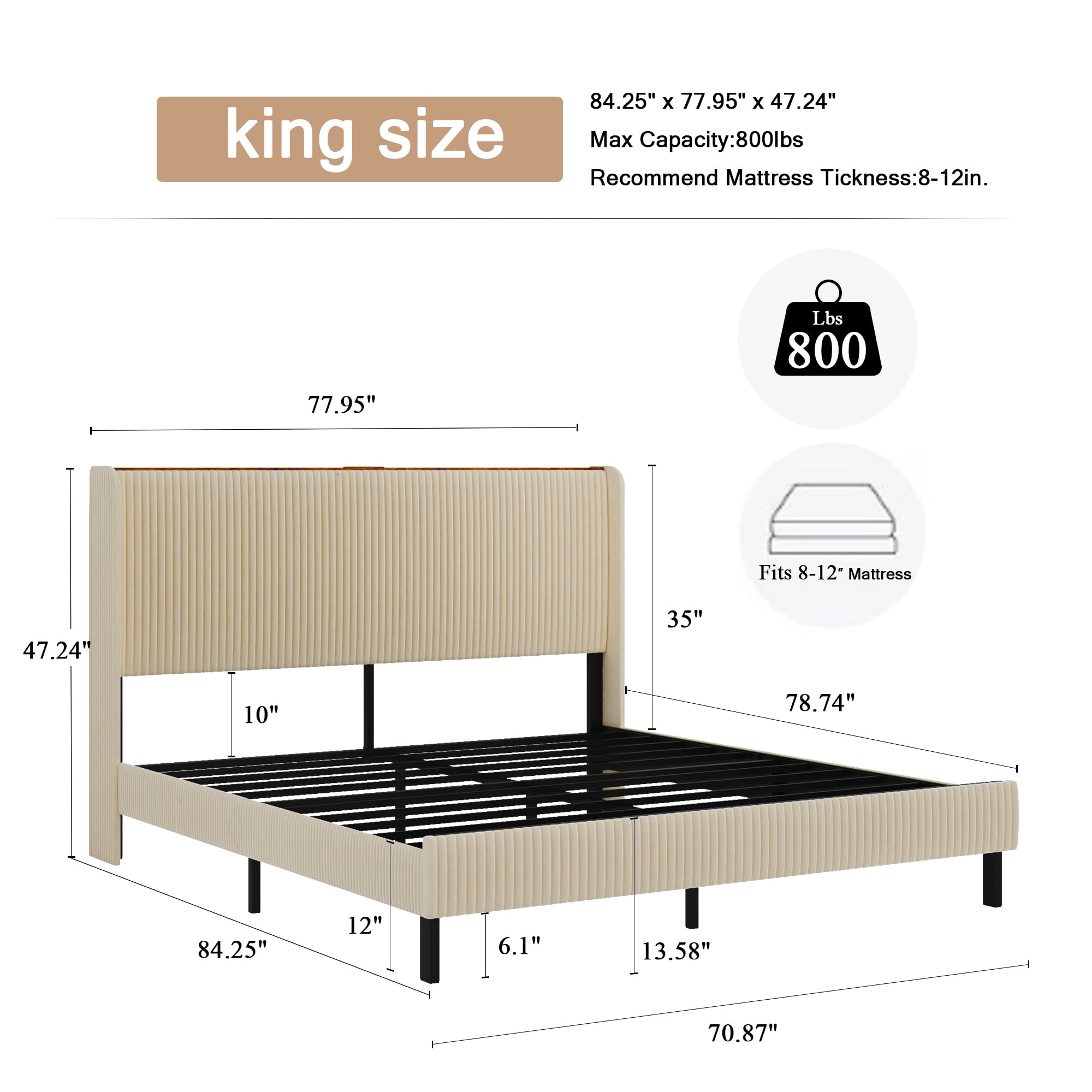 King Size Bed Frame with Headboard & Charging Station,Upholstered Platform King Bed Frames,Noise Free,Easy Assemble,Beige