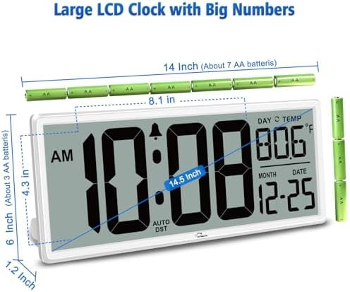 14.5'' Large Digital Wall Clock Battery Operated with Jumbo Numbers, Temperature and Date - Easy to Read and Set, Auto DST