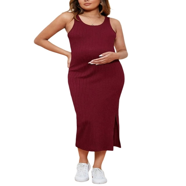 Robe Femme Enceinte Couleur Unie Sans Manches Robe en Tricot Col Ras du Cou Ajustée Midi Robe Débardeur Robe d'Été Décontractée Robe de Maternité