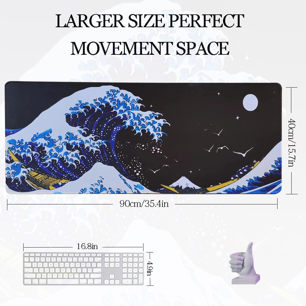 Japanese Sea Waves Large Gaming Mouse Pad, Big Desk Computer Keyboard Mousepad Stitched Edges Mouse Mat XXL 35.4 x 15.7 inches for Women Office Gaming Home (LAN 90x40)