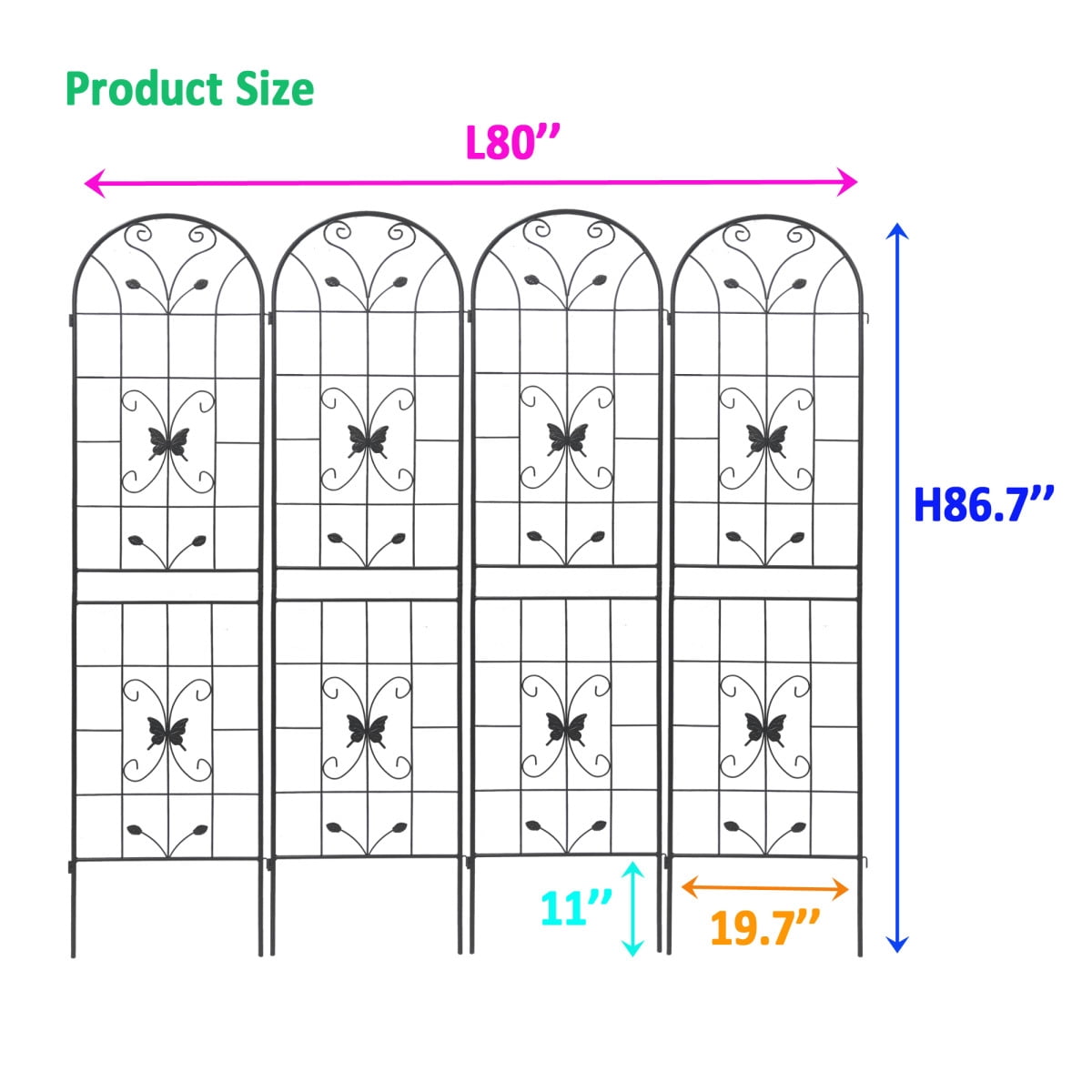 4 Pack 86.7" Tall Metal Garden Trellis for Climbing Plants, Rustproof Powder Coated Outdoor Plant Support with Decorative Leaf and Bird Design, Black, Flower Trellis for Roses, Ivy, Cucumbers