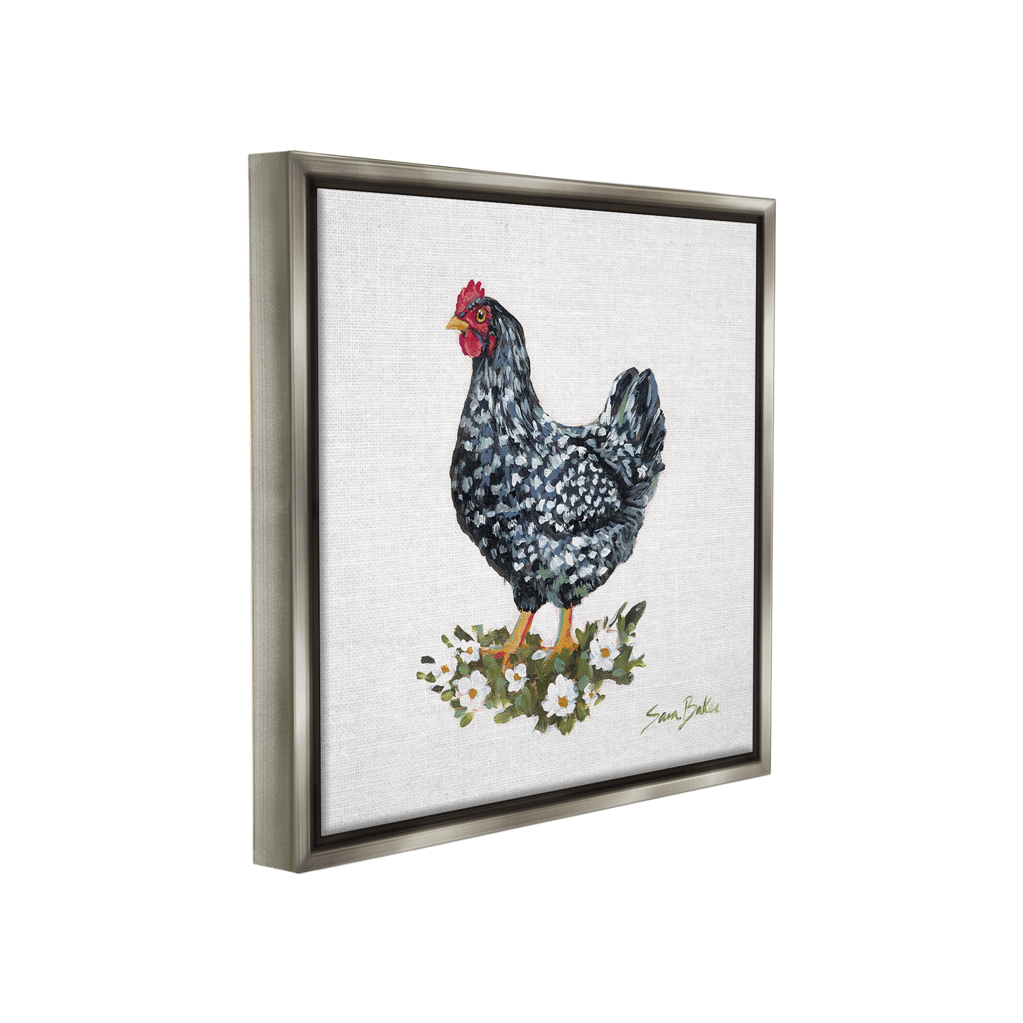 Stupell Industries Country Hen with Daisies Animals & Insects Painting Gray Floater Framed Canvas Art Print Wall Art, 25 x 25