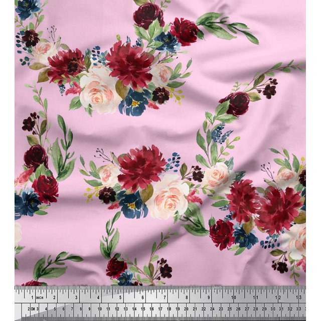Soimoi Pink Velvet Fabric Ranunculus & Penoy Floral Print Print Fabric By the Yard 60 Inch Wide