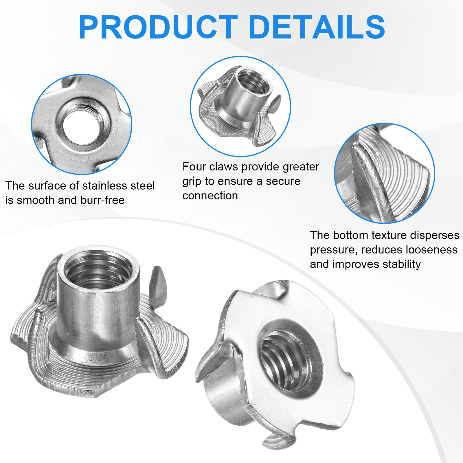 Uxcell 50-Pack 3/8-UNC T-nut, 4/8" Barrel Length Stainless Steel 4-Pronged Tee Nut Threaded Insert Corrosion Resistant Fasteners