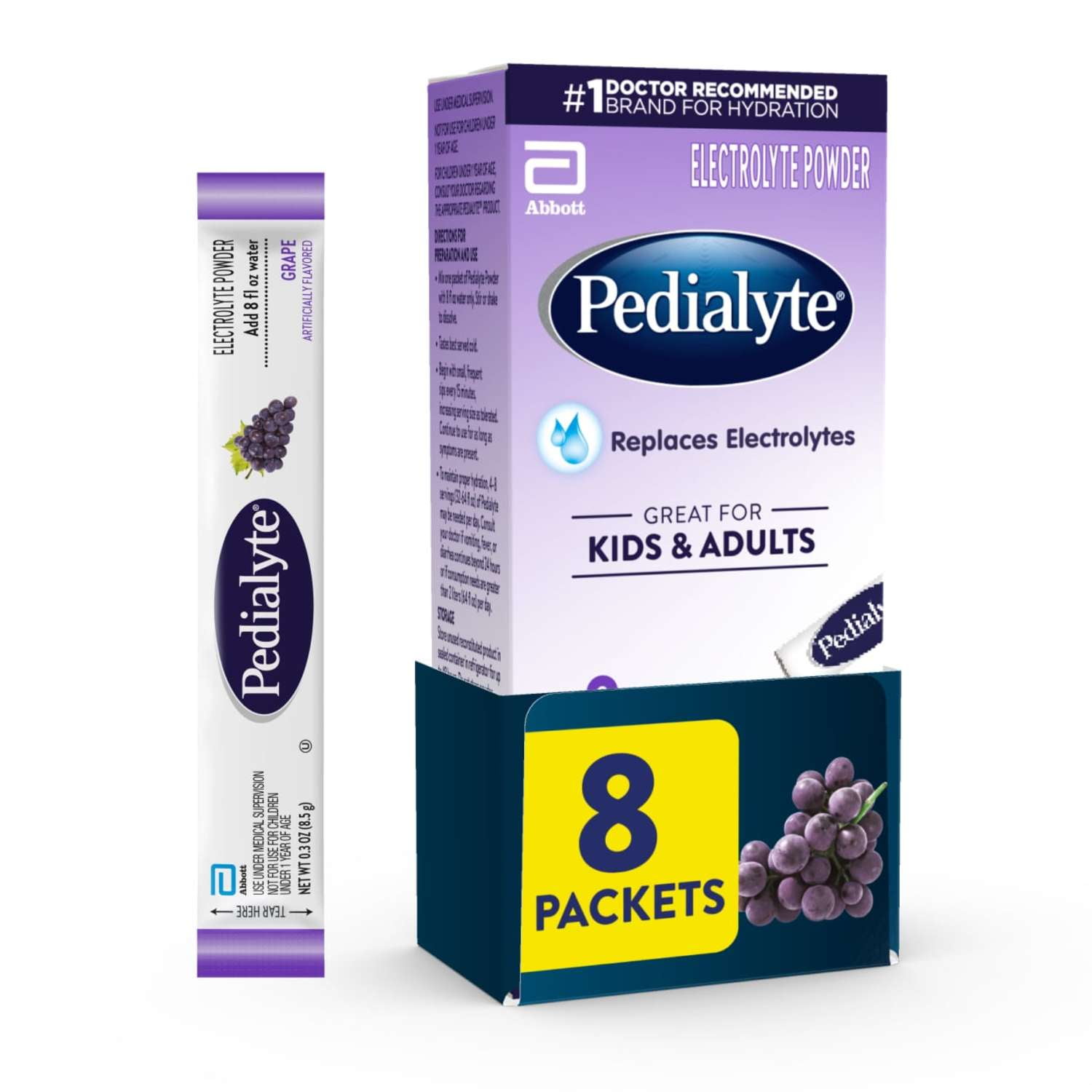 Pedialyte Electrolyte Powder, Grape, 8 Powder Packets