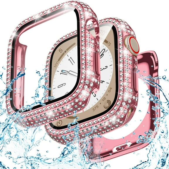 Dteck Waterproof Bling Diamond Case for Apple Watch Series 6/5/4/SE 44mm with Screen Protector, 2 in 1 Glitter Rhinestone Face Cover with Back for iWatch Series 6/5/4/SE 44mm,Pink
