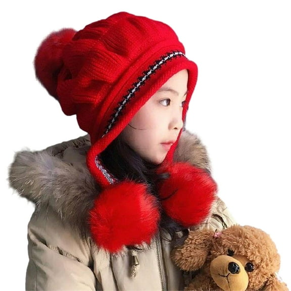 Mosey Winter Kids Beanie Hat Three Pompom Thicken Warm Ear Protection Children's Knitted Hat for 2-7T Boys Girls Baby Accessories