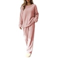 thumbnail image 2 of Matching Airport Travel Outfit Women Fashion Casual Solid Color Round Neck Long Sleeved Long Pants Set for Home Keep Warm Comfortable Homewear Pink Free Size, 2 of 4