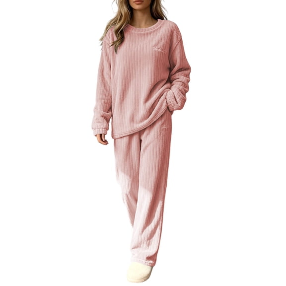 LckLvx Fleece Pajamas Sets for Women Fuzzy Long Sleeve Top Wide Leg Pants Home Daily Loungewear