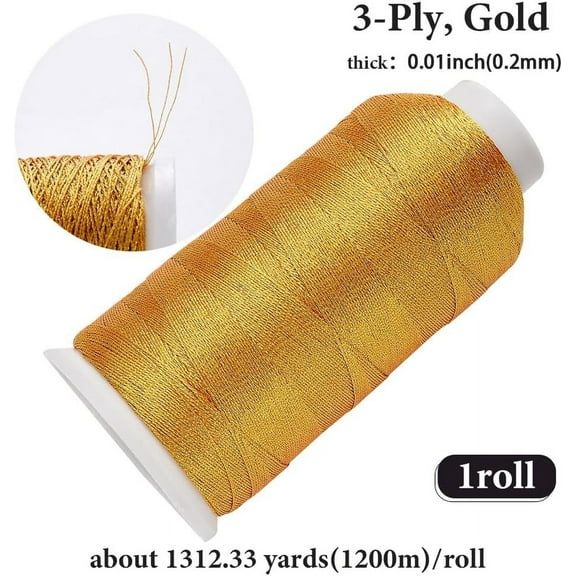 1312 Yards 0.2MM 3Ply Gold Metallic Sewing Thread Nylon Embroidery Machine Thread Shimmer Christmas Glitter String with Spool for Computerized Sewing Jewelry Making Crafts Hanging Decorative