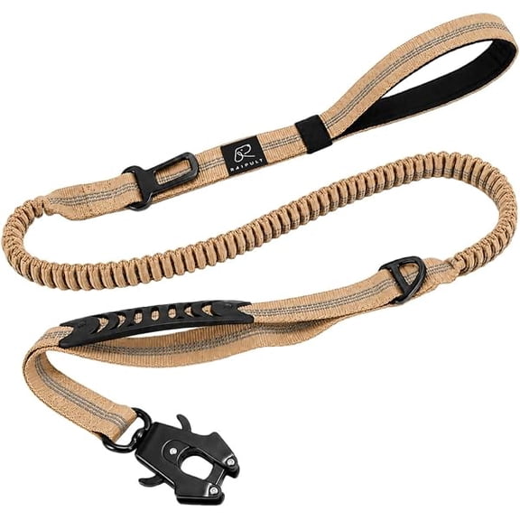 Tactical Dog Leash Heavy Duty, 4-6FT Shock Absorbing Bungee Leash with Quick Release Clip& 2 Handles, No Pull Waking Lead with Car Seatbelt for Medium Large Dogs that Pull,Khaki