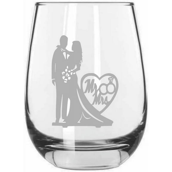 Mr & Mrs Silhoutte with Rings Wedding Silhouettes Etched 15.25oz Libbey Stemless Wine Glass