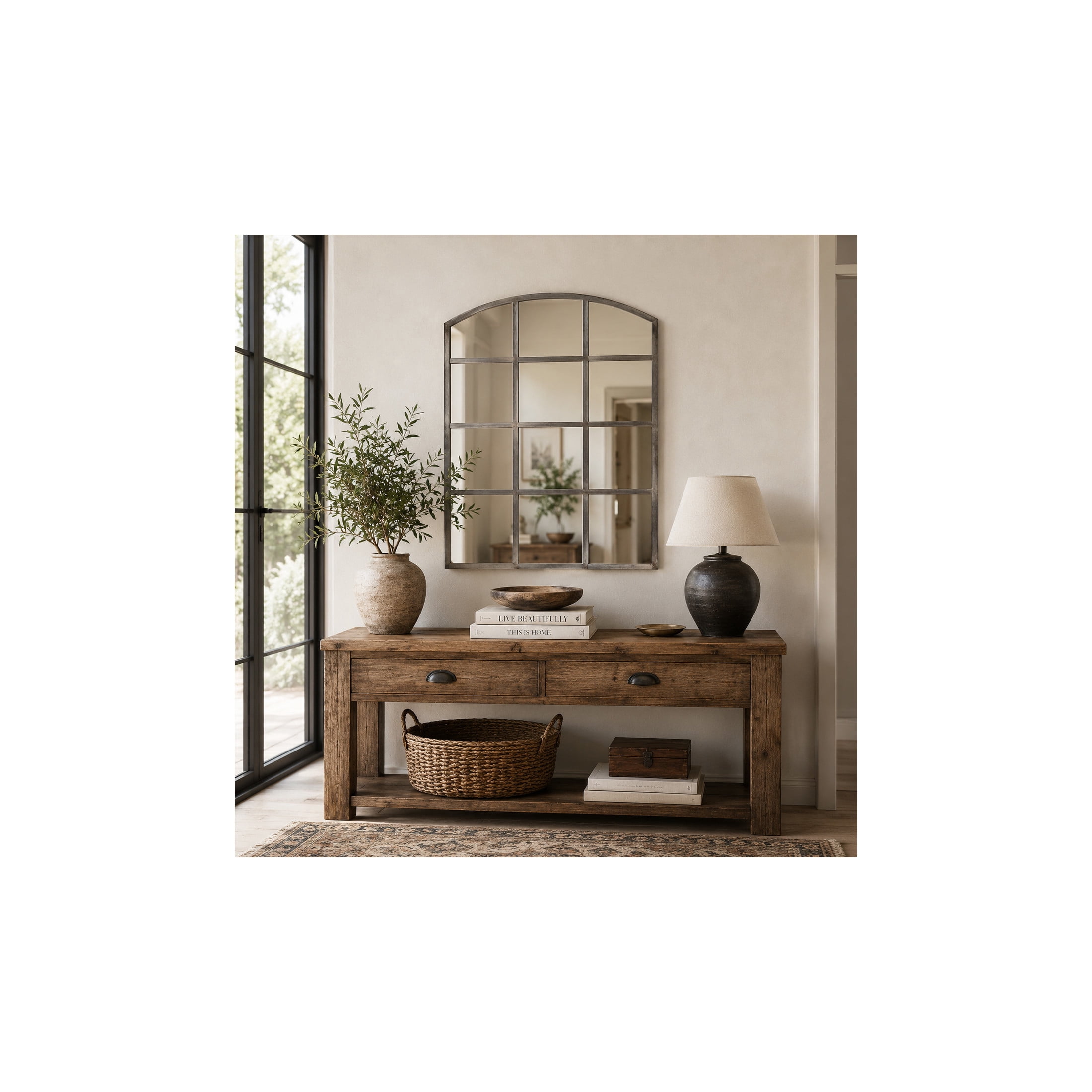 DecMode Industrial Metal Arched Window Pane Shape Wall Mirror with Dark Gray Finish, 30"W x 40"H